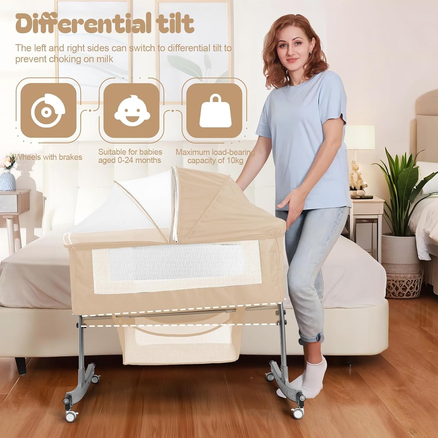 Baby Bedside Sleeper Bassinet with Changing Table, 39.4x23.6in, Portable, 6-Height Adjustable, 4-in-1 Iron Frame, Silent Wheels & Brakes, Breathable Mesh, Grey, for 0-24 Months