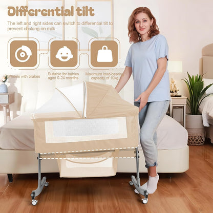 Baby Bedside Sleeper Bassinet with Changing Table, 39.4x23.6in, Portable, 6-Height Adjustable, 4-in-1 Iron Frame, Silent Wheels & Brakes, Breathable Mesh, Grey, for 0-24 Months