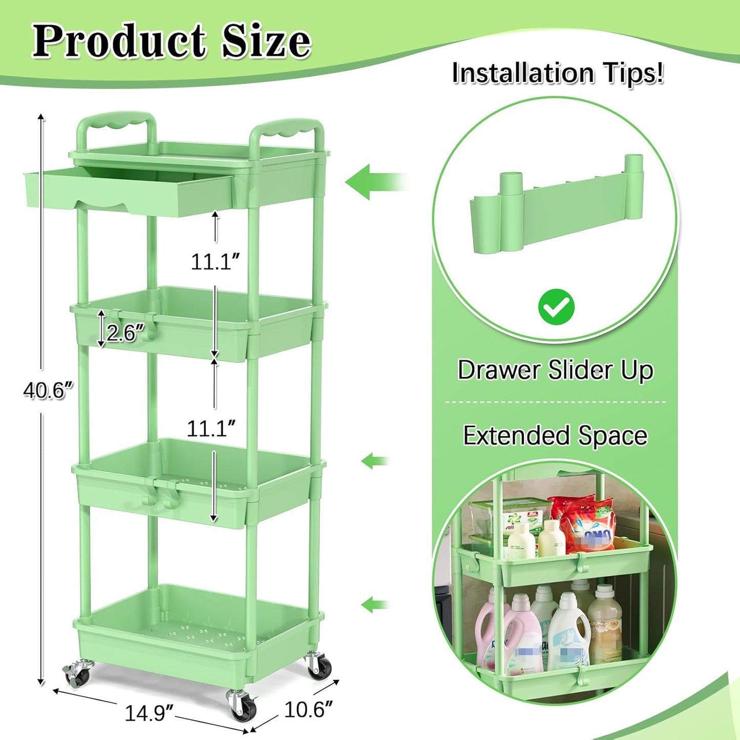 SUNALLY 3 Tier Rolling Cart with Drawer, Bathroom Storage Organizer with 2 Lockable Wheels, Multifunctional Rolling Storage Cart for Bathroom, Kitchen, Office, Craft, Makeup, Baby Essentials, White
