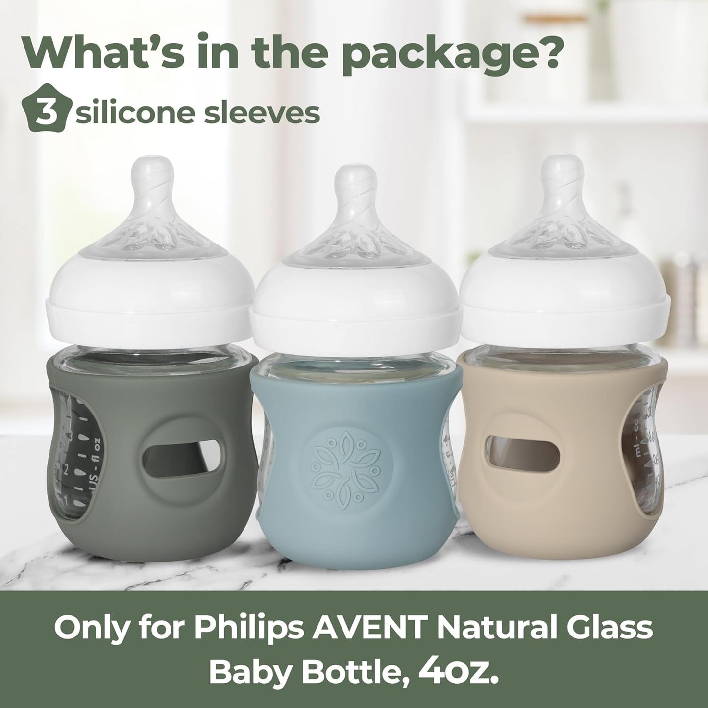 3 Pack Silicone Sleeves for Philips Avent Natural Glass Baby Bottles, Food Grade Silicone Anti Breakage Baby Bottles Holder, Compatible with Philips Avent Glass Natural Baby Bottle 8oz