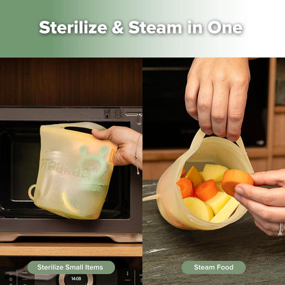 Haakaa On-The-Go Silicone Microwave Steam Sterilizer Bags for Travel, 40oz/1250ml Reusable Silicone Steaming Bags for Baby Bottles, Breast Pump, Accessories, Pacifiers, Teethers,Grey/1PC