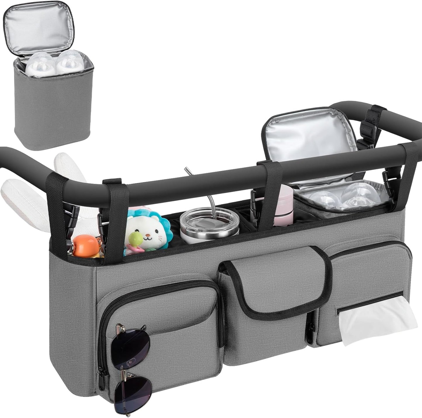 GDNasist Double Stroller Organizer Compatible with Bob Duallie and Baby Jogger City Mini GT2, Double Baby Stroller Accessories with Cooler Bag, Parent Console Double Jogging Stroller Caddy, Black