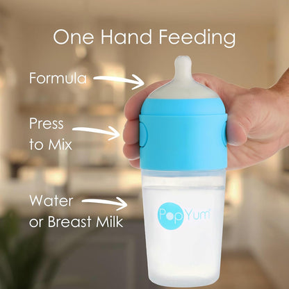 PopYum 9 oz Blue Anti-Colic Formula Making Baby Bottles, 3-Pack with #2 Medium Flow Nipples, 260 ml, BPA-Free, Natural Latch, Mixing, Dispenser