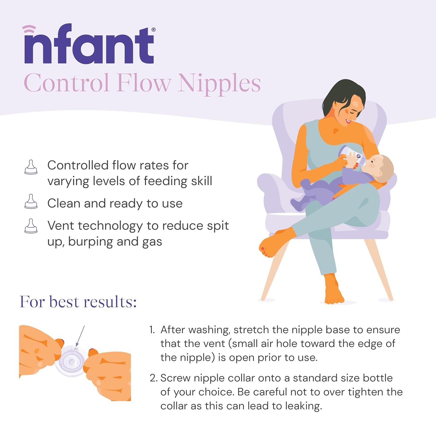nfant | Nipple - Slow Flow Nipple, Purple (6ml/min), 4-Pack