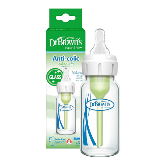 Dr. Brown's Anti-Colic Options+ Narrow Glass Baby Bottle with Level 1 Slow Flow Nipple, BPA-Free, 8 oz/250 mL, 0m+, 4-Pack (Packaging May Vary)