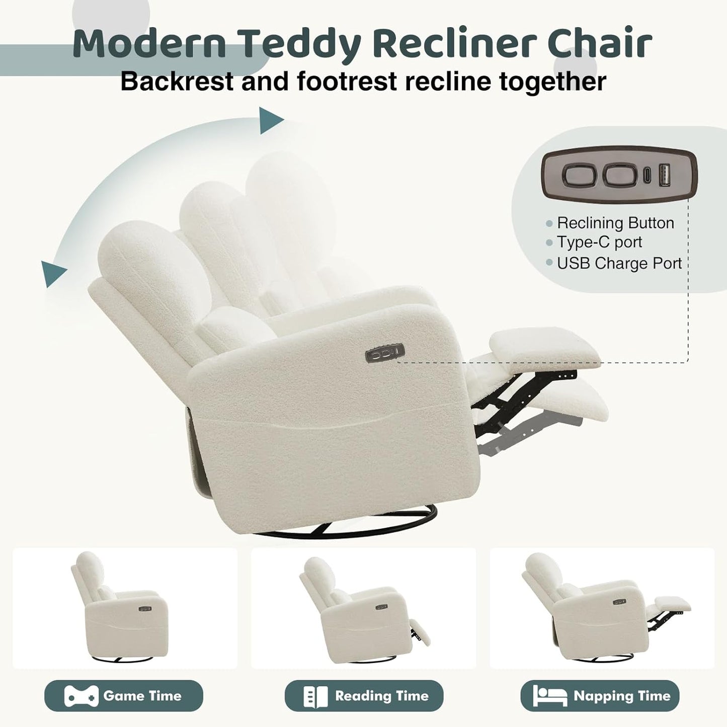 Swivel Rocker Recliner, Oversized Boucle Glider Recliner Nursery, Manual Swivel Rocking Reclining Chairs with Removable Cushion and Lumbar Support for Nursery Living Room Bedroom, Teddy White