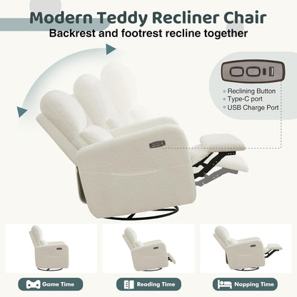 Swivel Rocker Recliner, Oversized Boucle Glider Recliner Nursery, Manual Swivel Rocking Reclining Chairs with Removable Cushion and Lumbar Support for Nursery Living Room Bedroom, Teddy White