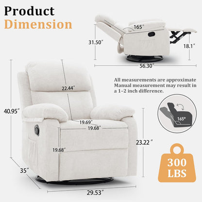 Korser Recliner Chair, 360 Swivel Rocker Chair for Adults, Small Rocking Recliner for Small Spaces, Upholstered Fabric Glider Recliner Nursery