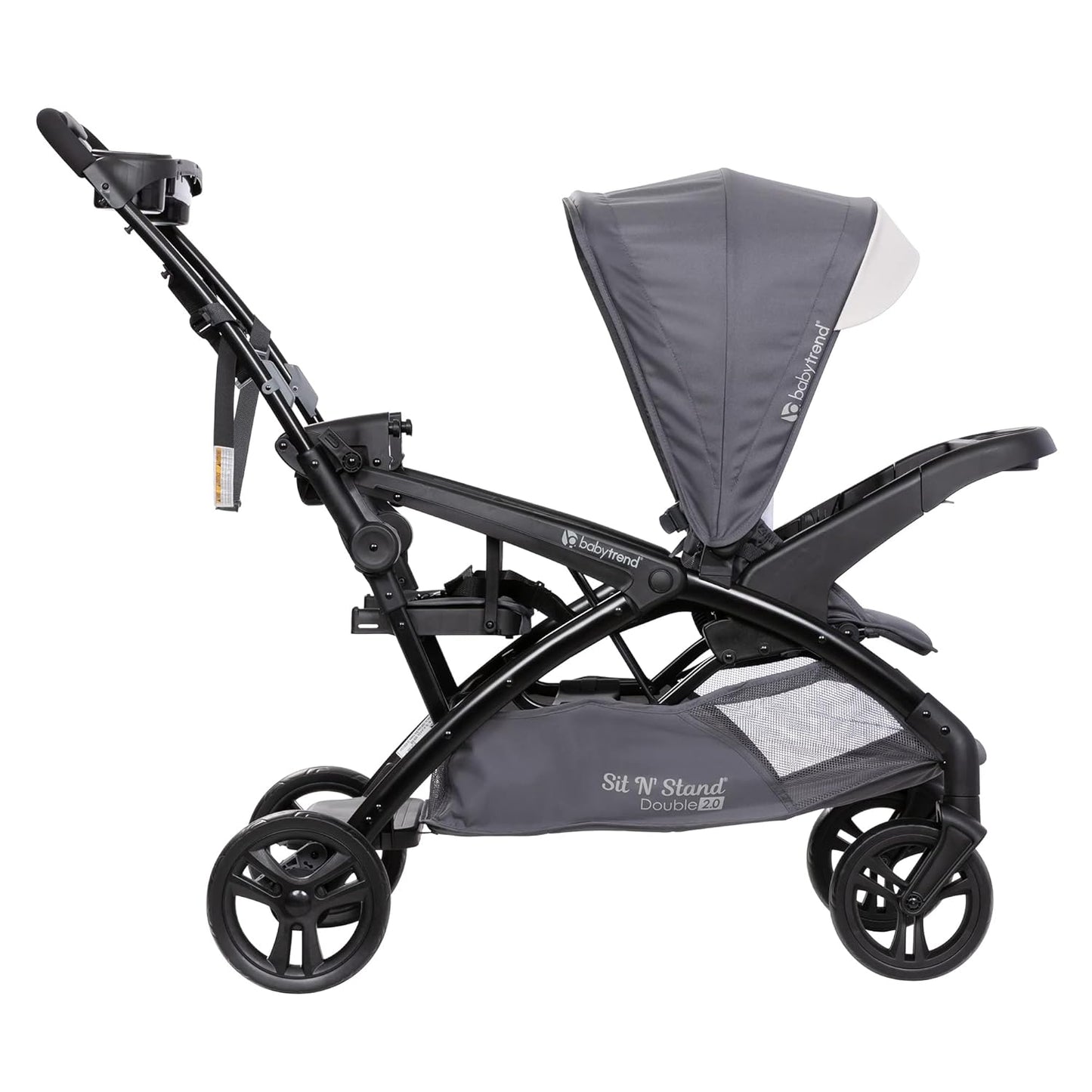 Baby Trend Double Stroller with Canopy Visors, Storage Basket and 2 Cup Holders, Sit N' Stand 2.0 DLX, Stormy – Foldable Infant and Toddler Tandem Stroller and Travel System