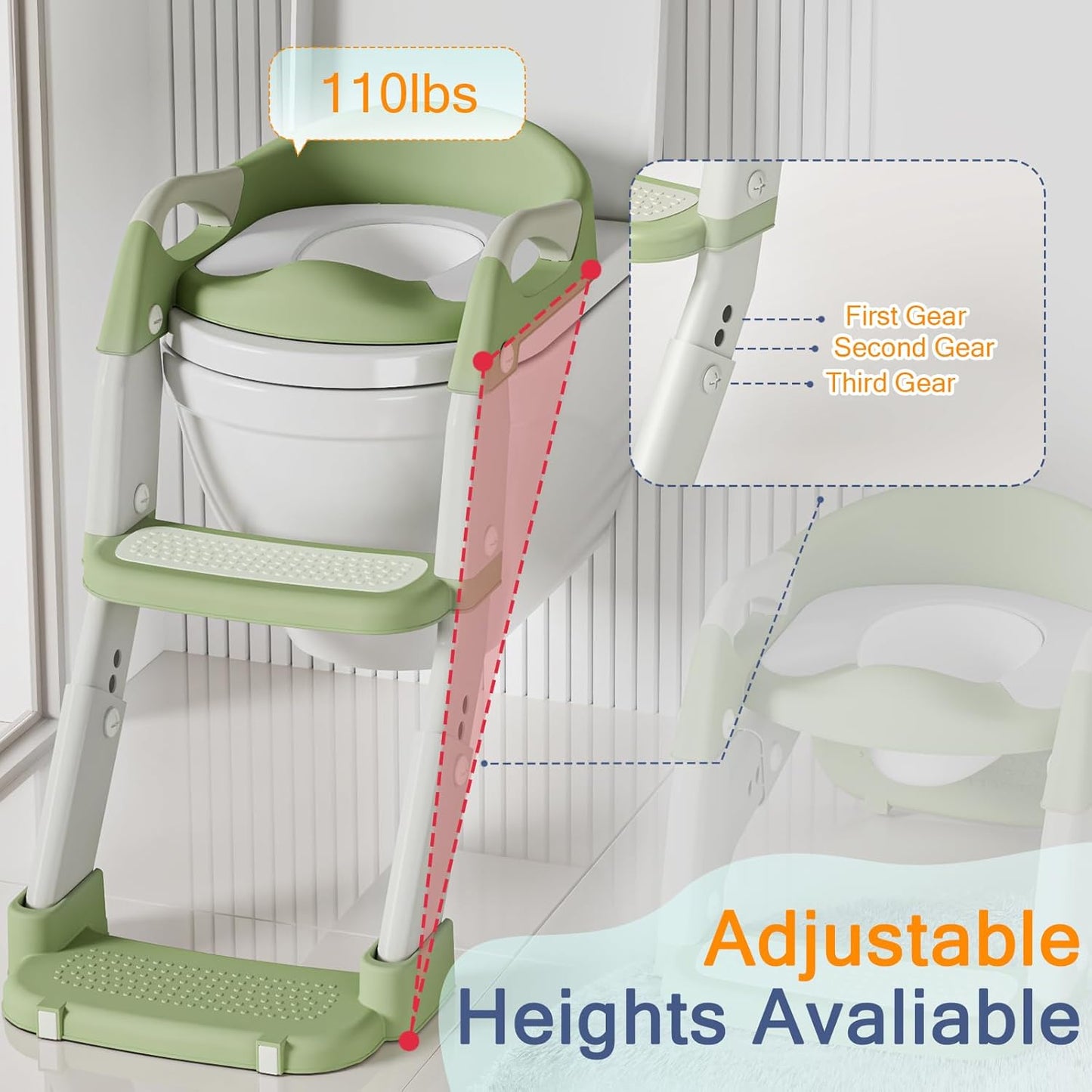 Potty Training Seat with Step Stool Ladder, 3-in-1 Toddler Toilet Seat and Potty Chair with Splash Guard, Anti-Slip Pad Adjustable, Potty Training Toilet for Kids Boys Girls Toddlers Green
