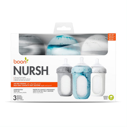 Boon Nursh Reusable Silicone Pouch Baby Bottles - Medium Flow Nipple - Silicone Baby Bottle Pouch and Nipple - Baby Feeding Essentials - Gray - 3-6 Months - 3 Count - 8 Ounce
