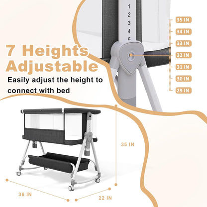 Baby Bassinet,3 in 1 Bedside Bassinet for Baby with Hanging Toys,Foldable Baby Bassinets Bedside Sleeper,4-Sided Mesh Bedside Crib with Wheels and Storage Basket,6 Height Adjustable (Light Grey)