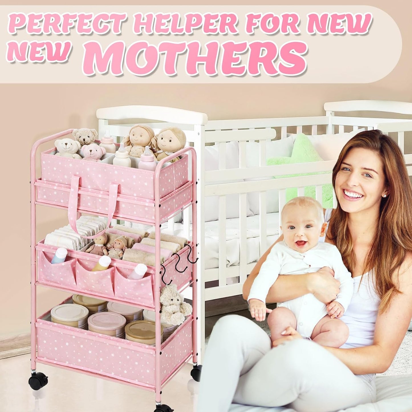 Yookeer 2in1 Baby Diaper Caddy Organizer Cart 3 Tier Large Capacity Metal Utility Bedside Rolling Cart with Divider Newborn Registry Gift Nursery Essential Must Have Bedroom Baby Shower(Gray,Star)