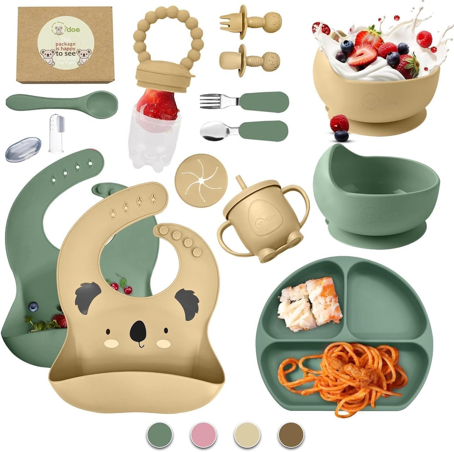 O'doe 17-Piece BPA-Free Silicone Baby Feeding Set | Thick & Soft Suction Plates, Baby Bowls, Wooden Fork & Spoon, and More | Make Mealtime Fun and Easy for Your Little One (Purple, V2)