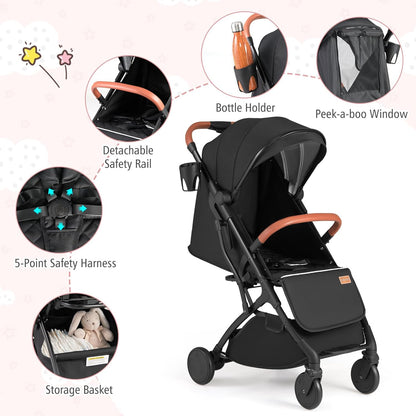 BABY JOY Lightweight Stroller, Compact Travel Stroller with One-Hand Fold, Adjustable Backrest, Canopy, Cup Holder, Footmuff & Storage Basket for Toddlers (Gray)