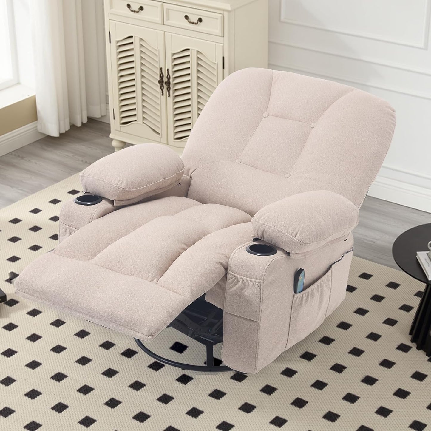 Rocker Recliner Chair with Massage and Heat, Oversized Rocking Nursery Recliners Overstuffed Swivel Glider with Cup Holder, Fabric Manual Single Sofa for Living Room, Beige