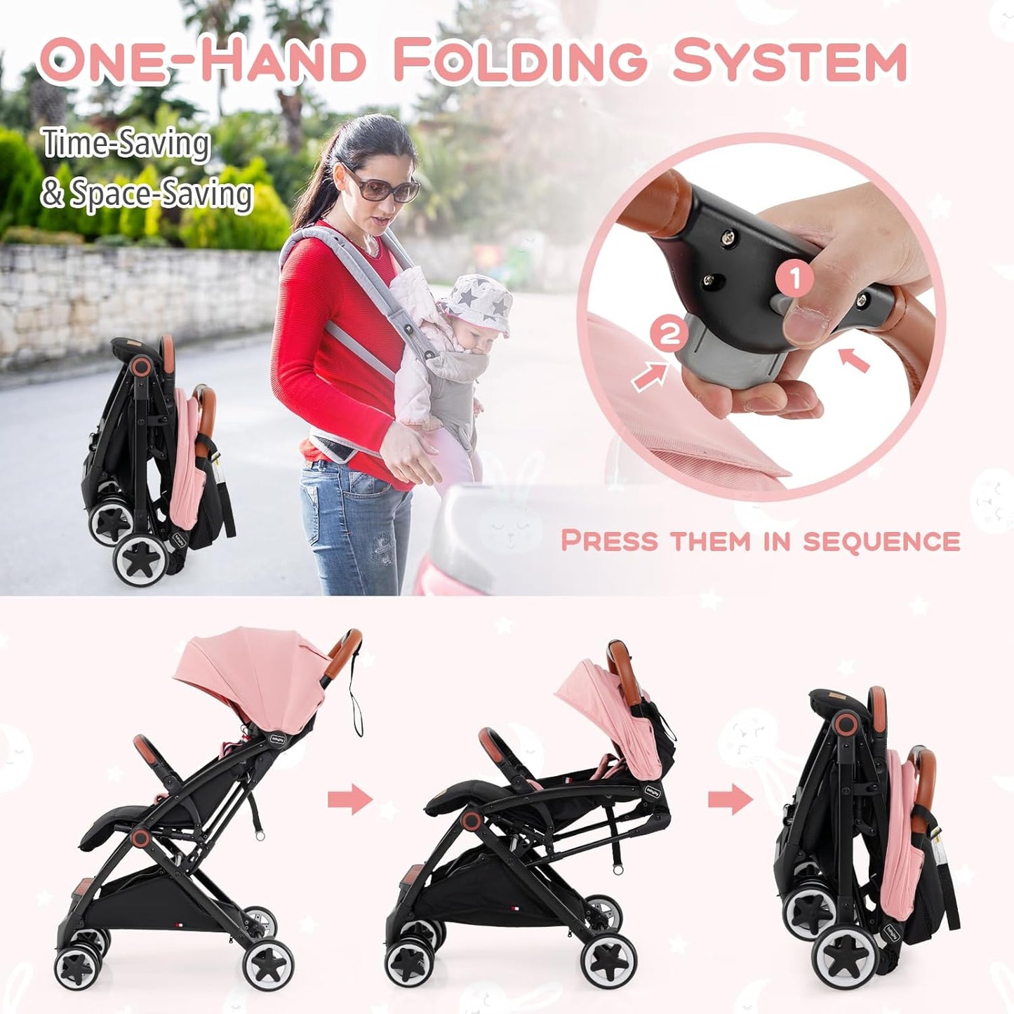 HOMGX Lightweight Baby Stroller, Compact Travel Stroller w/Ergonomic Seat, Spacious Basket, Adjustable Backrest, Oversized Canopy, Infant & Toddler Umbrella Stroller for Airplane, Travel (Black)