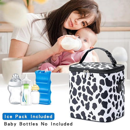 Breastmilk Cooler Bag with Ice Pack Fits 6 Baby Bottles Up to 9 Ounce, Baby Bottle Bag with Shoulder Strap for Nursing Mom Daycare, Cow