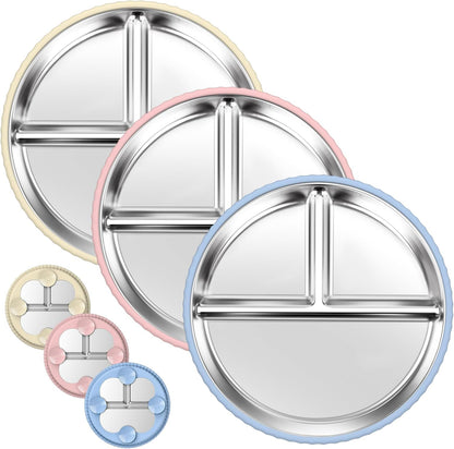Stainless Steel Kids Plates with Suction, 2Pack 9" Divided Toddler Plates Removable Non Slip Silicone Sleeves Baby Feeding Led Weaning Supplies, BPA Free, Unbreakable Dishwasher Safe