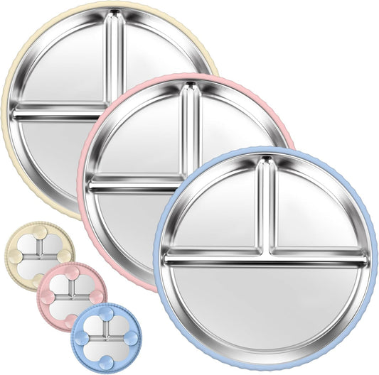 Stainless Steel Kids Plates with Suction, 2Pack 9" Divided Toddler Plates Removable Non Slip Silicone Sleeves Baby Feeding Led Weaning Supplies, BPA Free, Unbreakable Dishwasher Safe