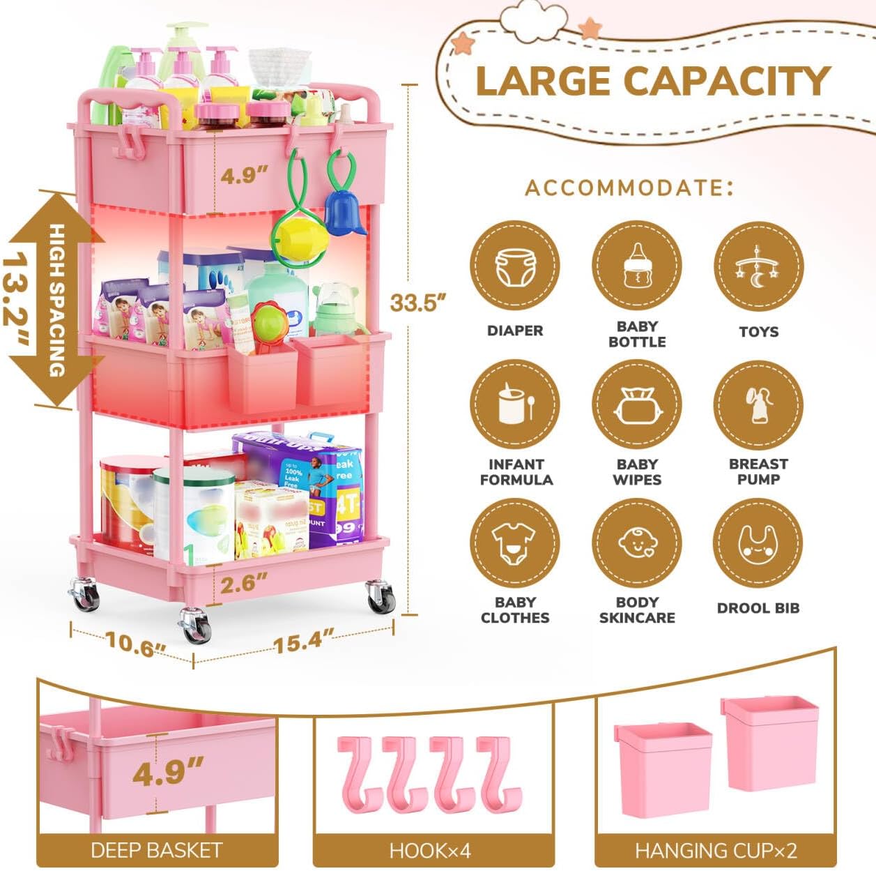 Goovilla Diaper Cart with Lockable Wheels and Easy Assembly, 3 Tier Black Rolling Cart for Baby Nursery Storage, Sturdy Ample Diaper Caddy Organizer for Baby Girl, Boy, New Mom, Newborn Essentials