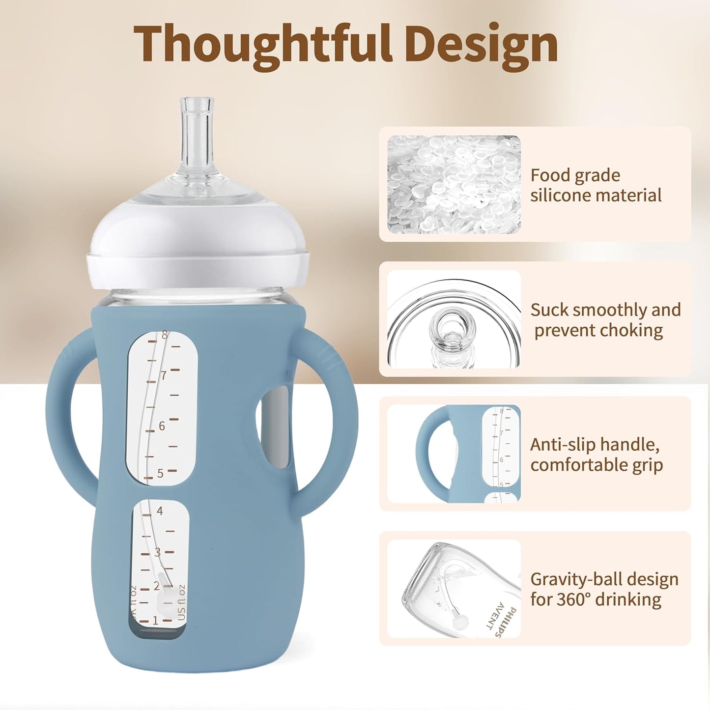 Straw Cup Conversion Kit for Philips Avent Natural Baby Bottles, Sippy Cups Transition Kit with Silicone Straw Top Nipples, Weighted Straw, Bottle Handle, Cleaning Brush for Toddler 6+ Month, 3-Pack