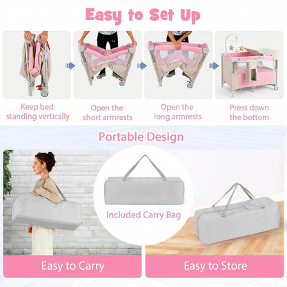BABY JOY 5-in-1 Pack and Play, Portable Baby Bedside Sleeper with Bassinet, U-Shaped Diaper Changer, Safety Strap, Side Zipper Entrance, Hangings, Bedside Crib Playard from Newborn to Toddlers (Gray)