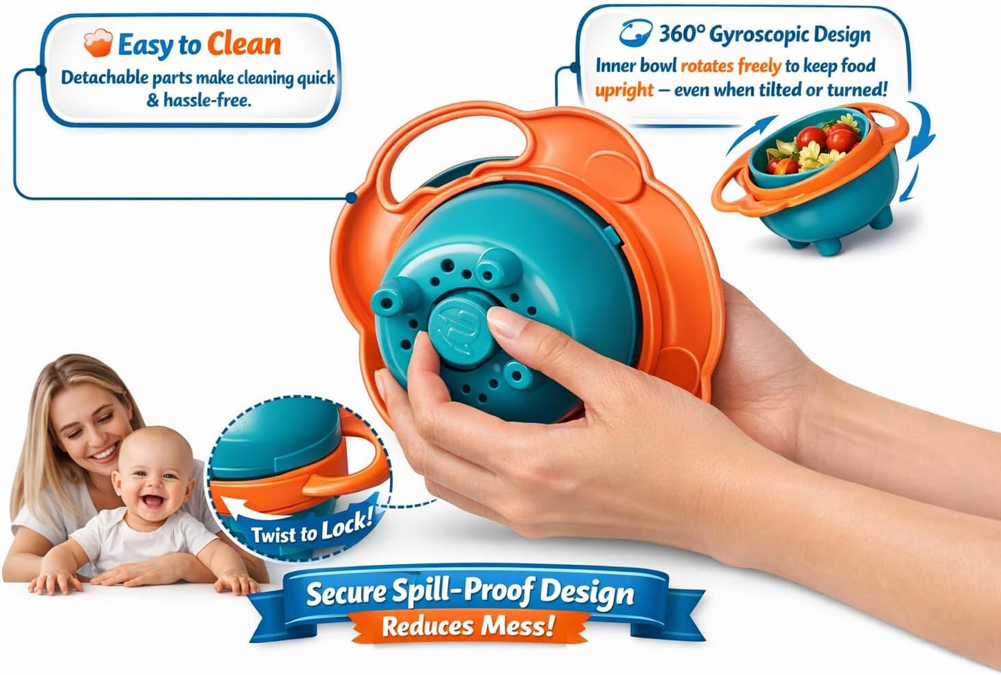 360° Baby Magic Bowl with Spoon Combo, Spill-Proof Gyro Balancing Feeding Bowl for Kids & Toddlers, BPA-Free, Anti-Spill Snack Bowl, Non-Slip, Portable Baby Food Bowl with Lid (Blue)