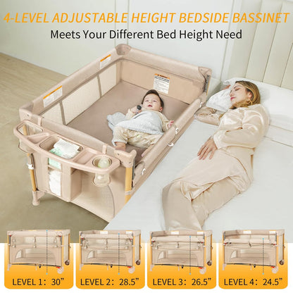 Baby Bassinet Bedside Crib with One-Hand Setup 5-in-1 Foldable Pack n Play for Travel, Portable Baby Bassinet with Diaper Changer & Adjustable Mattress for Newborn to Toddler (Grey)