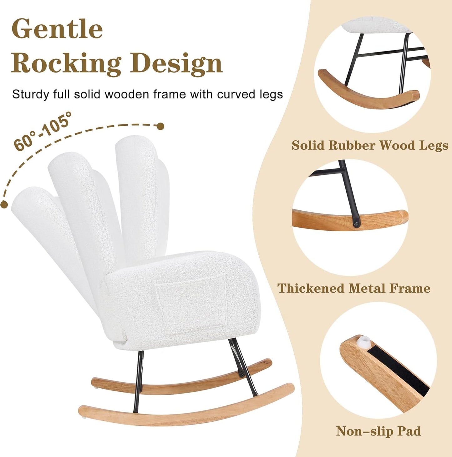 VECELO Rocking Chair Nursery with Thick Headrest, Modern Teddy Upholstered Reading Glider Rocker Accent Armchair with High Backrest, Padded Seat, Side Pocket, for LivingRoom, Bedroom, Baby Room, White