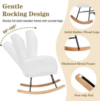 VECELO Rocking Chair Nursery with Thick Headrest, Modern Teddy Upholstered Reading Glider Rocker Accent Armchair with High Backrest, Padded Seat, Side Pocket, for LivingRoom, Bedroom, Baby Room, White