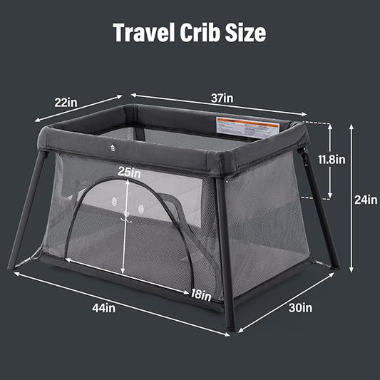 Travel Crib, Portable Crib for Baby, Pack and Play for Babies and Toddler, Lightweight Backpack Design,Foldable Travel Baby Playpen with Mattress(Dark Grey)