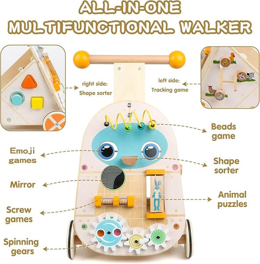 Wooden Baby Walker, Adjustable Speed Push and Pull Learning Activity Walker, Toddler Push Walker Activity Center Toys with 7 Educational Activities for Boys Girls 1 2 3 Year Old
