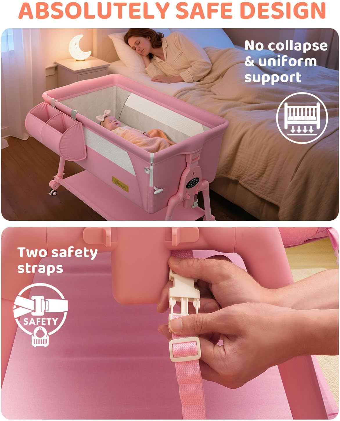 BIERUM Baby Bassinet Bedside Crib - 4 in 1 Bassinet Bedside Sleeper with Wheels, Mattress and Breathable Sides, 7 Height Adjustable, Stable and Secure Crib for Newborns