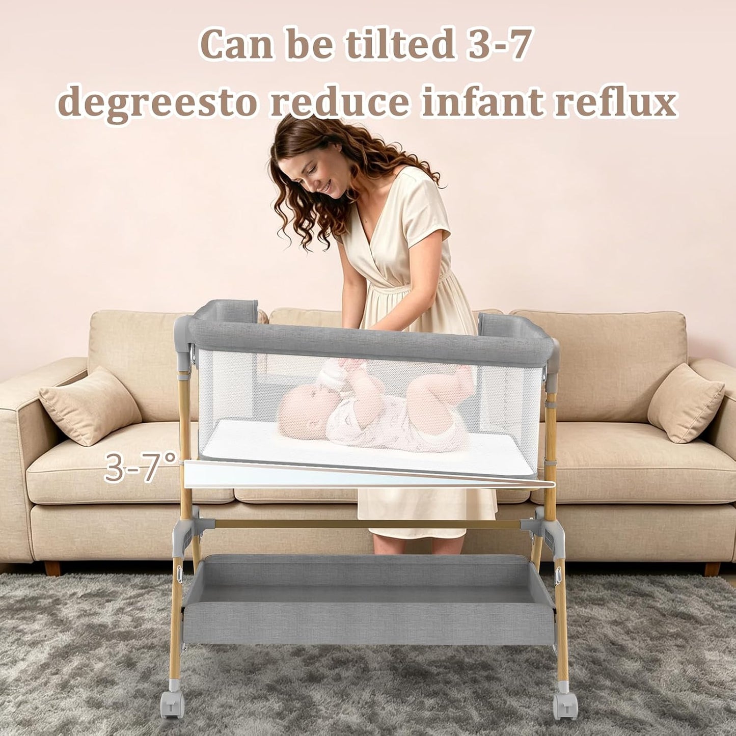 3 in 1 Baby Bassinet, Bedside Sleeper for Newborn, 7-Level Height Adjustable, Rocking Design with Breathable Mesh, Lockable Wheels & Large Storage Space, Portable Baby Crib（Dark Gray）
