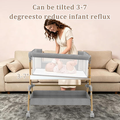 3 in 1 Baby Bassinet, Bedside Sleeper for Newborn, 7-Level Height Adjustable, Rocking Design with Breathable Mesh, Lockable Wheels & Large Storage Space, Portable Baby Crib（Dark Gray）