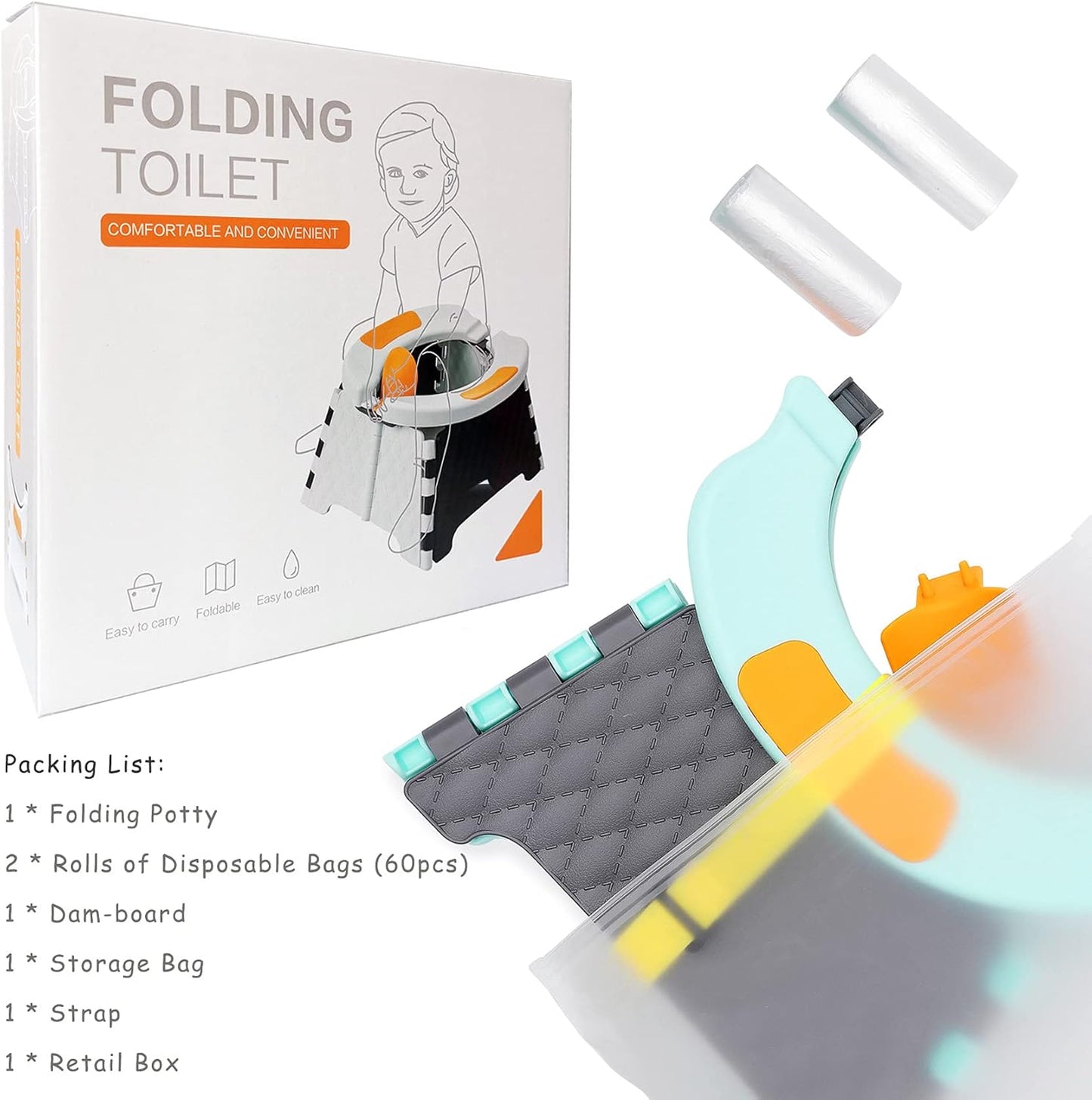 Toddler Portable Potty Training Seat for Kids Baby Foldable Toilet Child Travel Potty in Car Camping Potty Chair Seat for Indoor Outdoor, with 60 Disposable Bags
