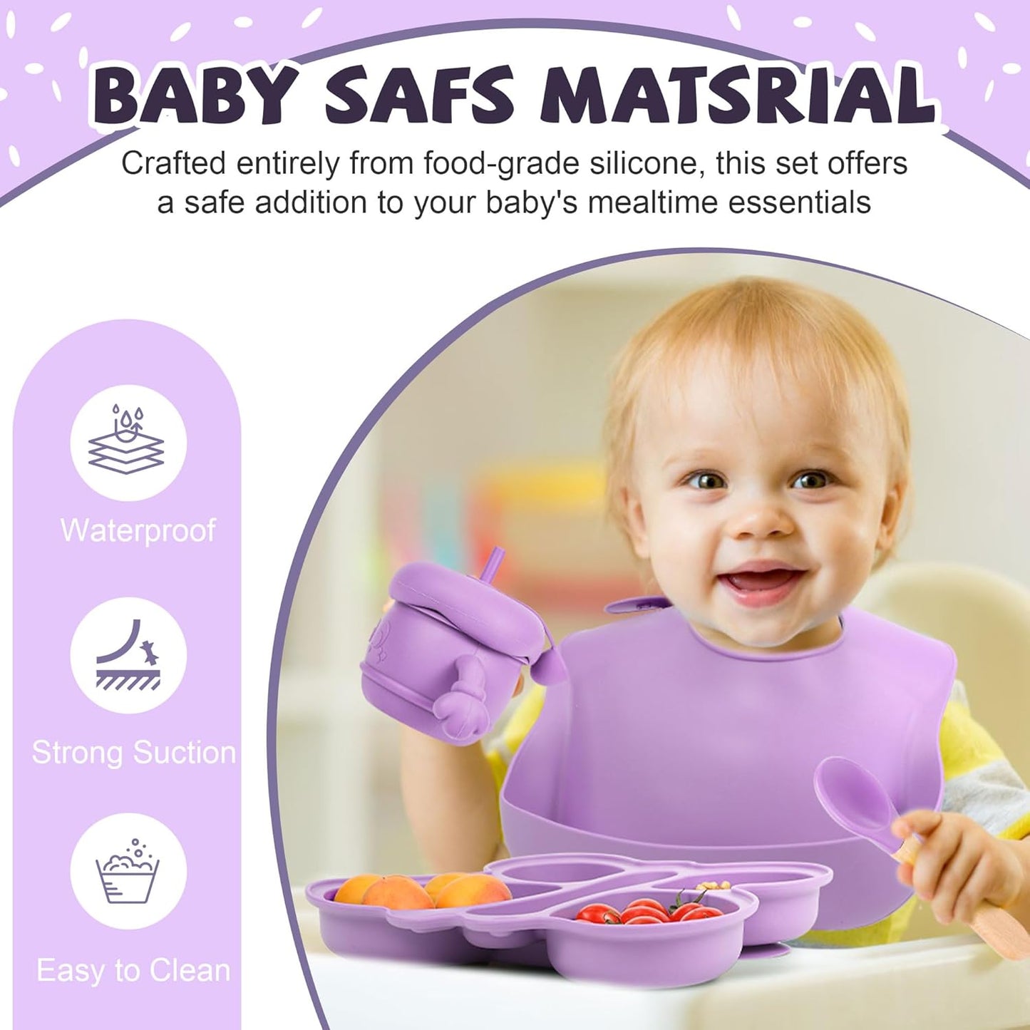 Silicone Baby Feeding Set, Baby Led Weaning Supplies, Baby Food Tableware Silicone Suction Plate, Bowl, Spoons, Fork, Waterproof Bib, Cup & Complementary Food Cake Mold, Baby Eating Utensils
