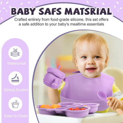 Silicone Baby Feeding Set, Baby Led Weaning Supplies, Baby Food Tableware Silicone Suction Plate, Bowl, Spoons, Fork, Waterproof Bib, Cup & Complementary Food Cake Mold, Baby Eating Utensils