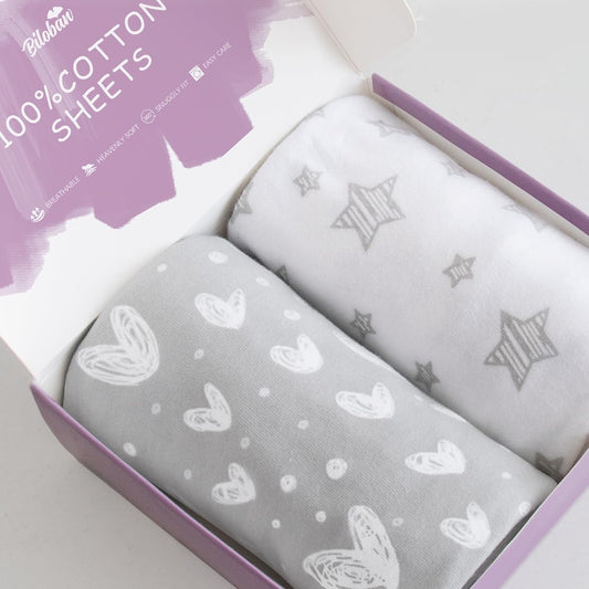 Bassinet Sheets Fit for Simmons Kids By The Bed City Sleeper Bassinet(Twins), Moses Basket and Hospital Bassinet, 100% Cotton, 2 Pack, Gray and White Print - Colors A