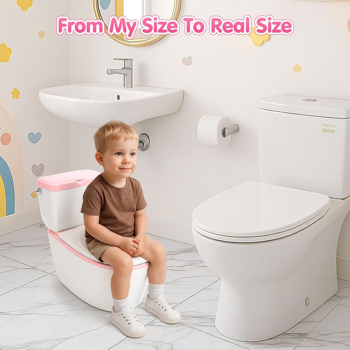 TOSGN 3-in-1 Toddler Potty Training Toilet, for Ages 6 Months+, Realistic Potty Training Seat with Flushing Sound, Wipes Storage, Toilet Paper Holder