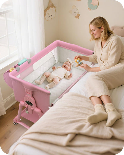 BIERUM Baby Bassinet Bedside Crib - 4 in 1 Bassinet Bedside Sleeper with Wheels, Mattress and Breathable Sides, 7 Height Adjustable, Stable and Secure Crib for Newborns