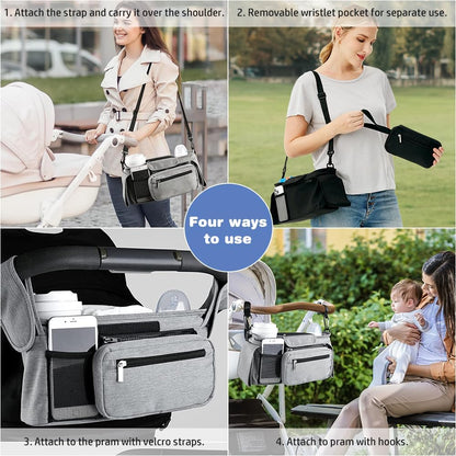 Baby Stroller Organizer, Universal Stroller Organizer with Detachable Phone Bag, Stroller Caddy with 2 Insulated Cup Holders, Buggy Organizer Bag with 2 Hooks Fits Most Strollers (Balck)