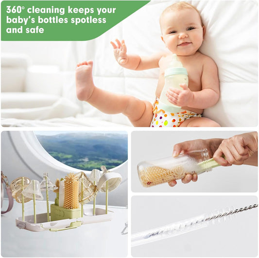 Baby Bottle Brush Set - Baby Bottle Cleaner Kit with Nipple Brush, Silicone Bottle Brush, Straw Cleaner Brush, Soap Dispenser, Bottle Drying Rack - 7 in 1 Bottle Cleaning Tool Set for Home and Travel