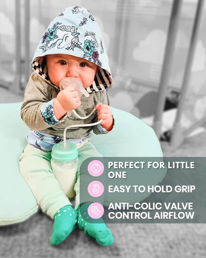 TidyFriend 2 Pk Baby Bottle Anti Colic with Straw 8oz – Built In Nipple Valve & Base Vent Hole for Gas Reduction, Upright Position Hand Free Bottle for 6m-2y Kids [Use Under Caregiver Assisted] (Pink)