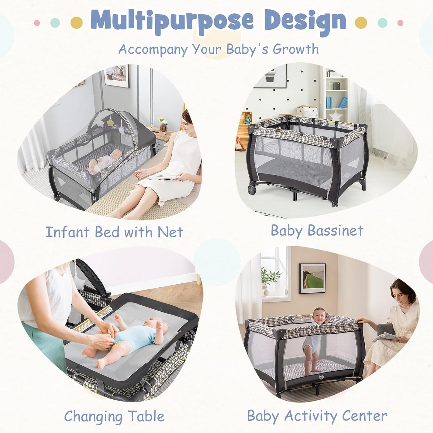 HONEY JOY Pack and Play with Bassinet, 4-in-1 Portable Baby Playard with Changing Table, Net & Cute Toys, Diaper Storage Bag, Music Box, Wheels with Brake, Foldable Newborn Play Yard w/Carry Bag