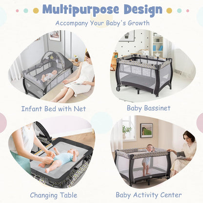HONEY JOY Pack and Play with Bassinet, 4-in-1 Portable Baby Playard with Changing Table, Net & Cute Toys, Diaper Storage Bag, Music Box, Wheels with Brake, Foldable Newborn Play Yard w/Carry Bag