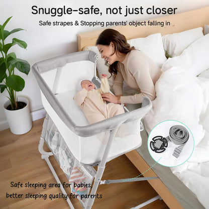 Cowiewie Bassinet Bedside Sleeper,Baby Bassinet Slides Over Bed,5-Position Height Adjustment & Breathable All-Mesh Wall Bedside Bassinet for Baby,Space-Saving Bedside Crib, Height(37.4-41.3"), White