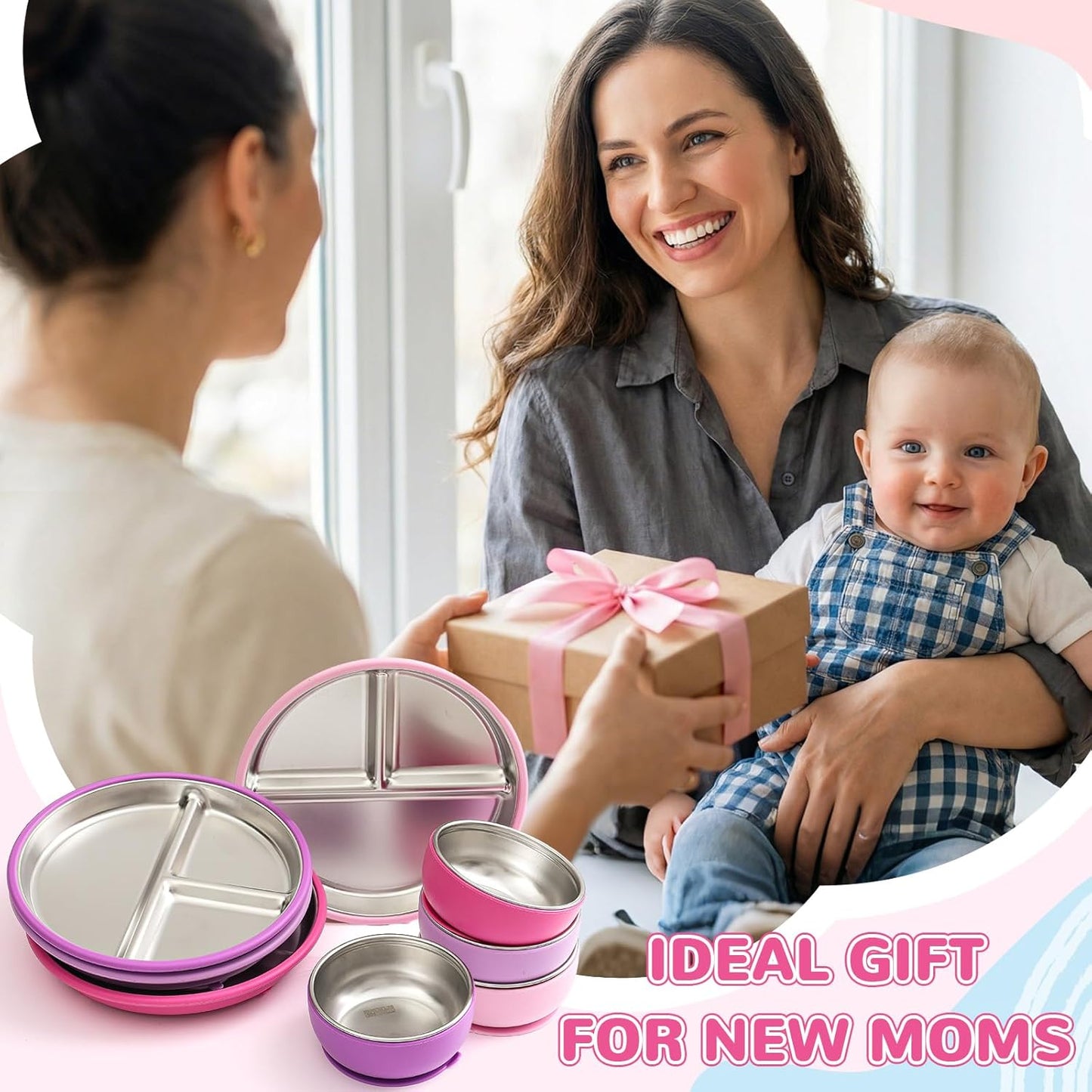 Havawish 8 Pcs Stainless Steel Baby Plate and Bowls with Suction, 8.3" Kid Divided Plate and 4" Toddler Bowl with Removable Silicone, BPA-free Non-slip Baby Feed Set Dishwasher Safe for Boy Girl(Pink)