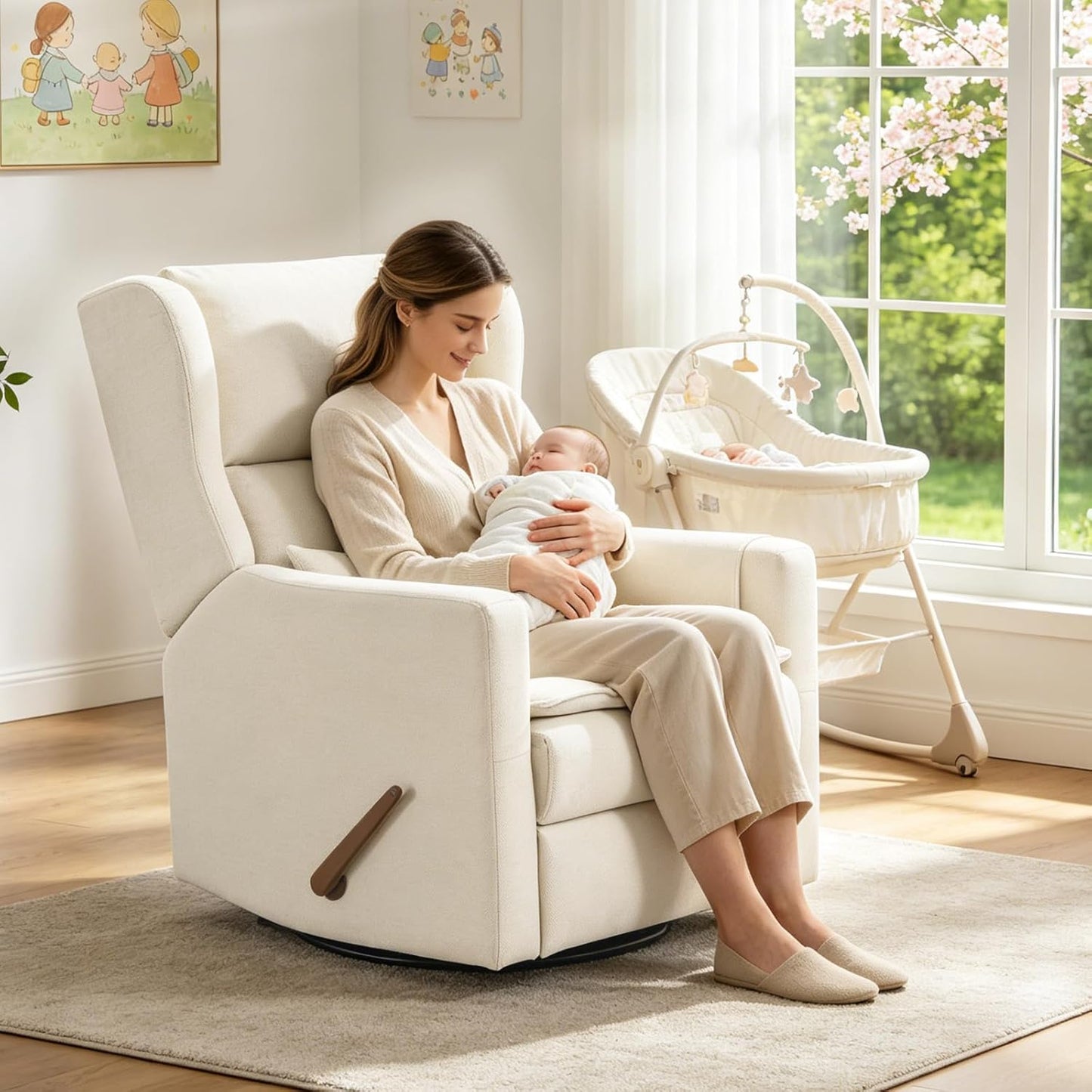 Power Recliner Chair Swivel Glider with Adjustable Headrest，Oversized Swivel Rocker Recliner with Lumbar Support, Upholstered Nursery Glider Recliner for Living Room,White